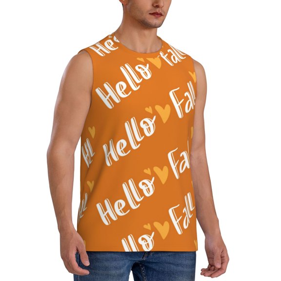 Fotbe Men's Hello Fall Print Men's Sleeveless Muscle Tank Tops Casual T-Shirts for Gym Workout Beach-Small