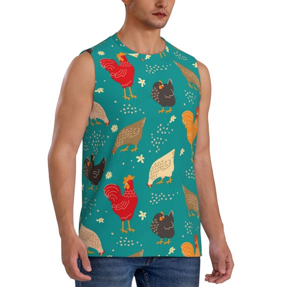 Fotbe Men's Hens And Rooster Print Men's Sleeveless Muscle Tank Tops Casual T-Shirts for Gym Workout Beach-3X-Large