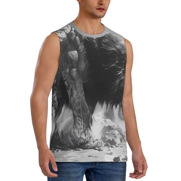Fotbe Men's Heroic Lion Encounter Print Men's Sleeveless Muscle Tank Tops Casual T-Shirts for Gym Workout Beach-XX-Large