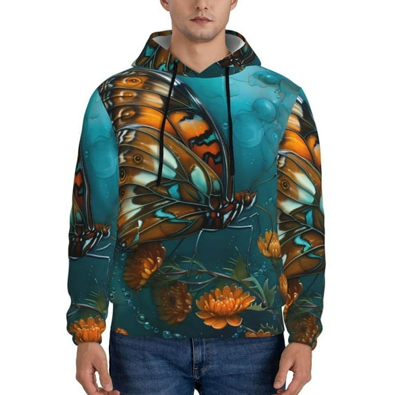 Fotbe Men's Hoodie with Elegant Butterfly And Flowers Pattern - Kangaroo Pocket Pullover Hooded Sweatshirt, Perfect for Daily Wear, Travel, and Home-Small