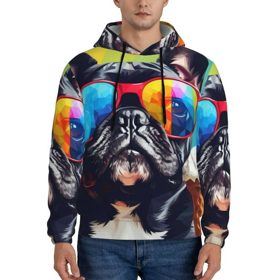 Fotbe Men's Hoodie with Rainbow Bulldog Sunglasses Pattern - Kangaroo Pocket Pullover Hooded Sweatshirt, Perfect for Daily Wear, Travel, and Home-Small