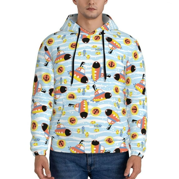 Fotbe Men's Hoodie with Submarine With Fishes Undersea Pattern - Kangaroo Pocket Pullover Hooded Sweatshirt, Perfect for Daily Wear, Travel, and Home-X-Large