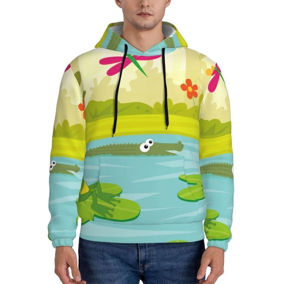 Fotbe Men's Hoodie with Two Frogs Are Sitting On Water Lilies Pattern - Kangaroo Pocket Pullover Hooded Sweatshirt, Perfect for Daily Wear, Travel, and Home-Large