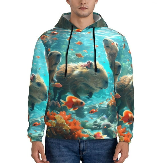 Fotbe Men's Hoodie with Underwater Swimming Guinea Pig Pattern - Kangaroo Pocket Pullover Hooded Sweatshirt, Perfect for Daily Wear, Travel, and Home-3X-Large