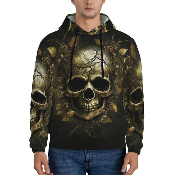 Fotbe Men's Hoodie with Vintage Gold Leaf Skull Pattern - Kangaroo Pocket Pullover Hooded Sweatshirt, Perfect for Daily Wear, Travel, and Home-X-Large