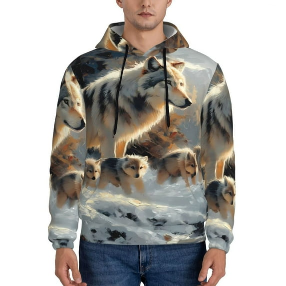 Fotbe Men's Hoodie with Wolf Family Winter Wonderland Pattern - Kangaroo Pocket Pullover Hooded Sweatshirt, Perfect for Daily Wear, Travel, and Home-Large