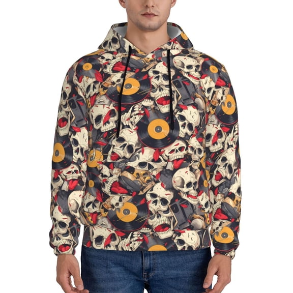 Fotbe Men's Hoodie with rock Skull record artist Pattern - Kangaroo Pocket Pullover Hooded Sweatshirt, Perfect for Daily Wear, Travel, and Home-3X-Large