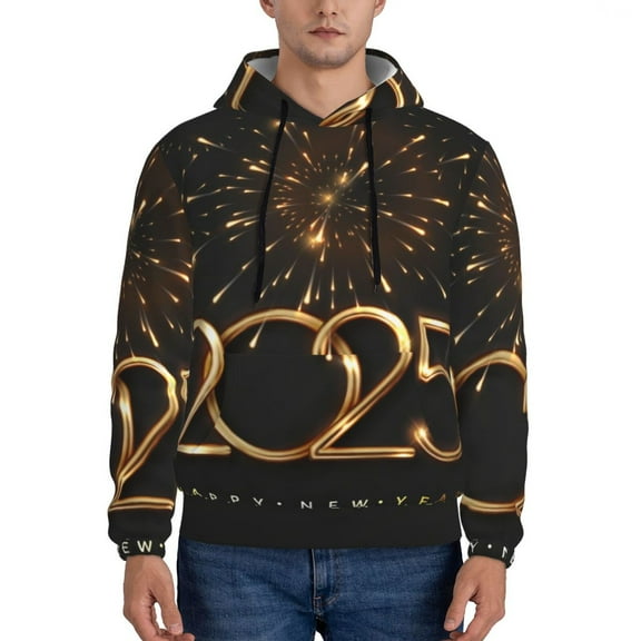 Fotbe Men's Hoodie with 2025 Golden On New Year Pattern - Kangaroo Pocket Pullover Hooded Sweatshirt, Perfect for Daily Wear, Travel, and Home-Medium