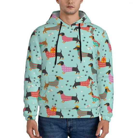 Fotbe Men's Hoodie with Christmas Dachshund Pattern - Kangaroo Pocket Pullover Hooded Sweatshirt, Perfect for Daily Wear, Travel, and Home-Small