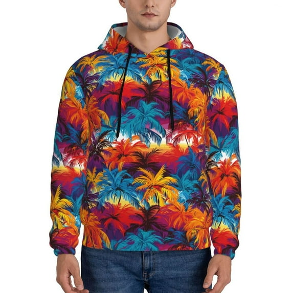Fotbe Men's Hoodie with Colorful Hawaii Palms Pattern - Kangaroo Pocket Pullover Hooded Sweatshirt, Perfect for Daily Wear, Travel, and Home-XX-Large