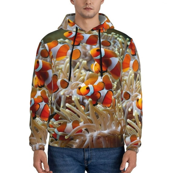 Fotbe Men's Hoodie with Cute Anemone Fish Pattern - Kangaroo Pocket Pullover Hooded Sweatshirt, Perfect for Daily Wear, Travel, and Home-Small