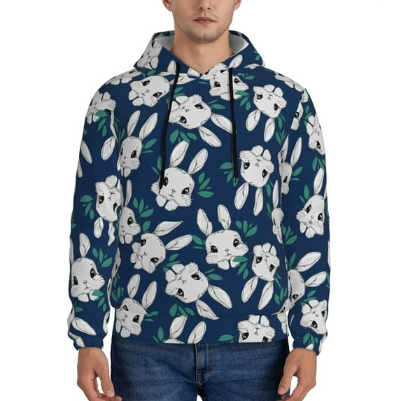 Fotbe Men's Hoodie with Cute Rabbit Pattern - Kangaroo Pocket Pullover Hooded Sweatshirt, Perfect for Daily Wear, Travel, and Home-Large
