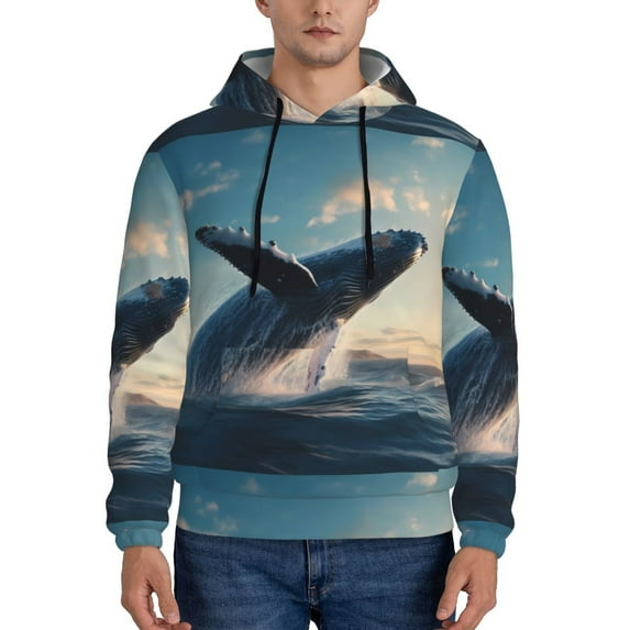 Fotbe Men's Hoodie with Dancing Whale Pattern - Kangaroo Pocket Pullover Hooded Sweatshirt, Perfect for Daily Wear, Travel, and Home-X-Large