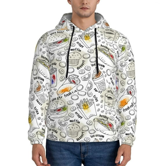 Fotbe Men's Hoodie with Fastfood 2 Pattern - Kangaroo Pocket Pullover Hooded Sweatshirt, Perfect for Daily Wear, Travel, and Home-Small