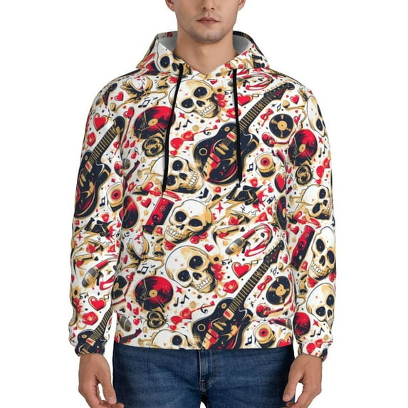 Fotbe Men's Hoodie with Guitar Skull rock Pattern - Kangaroo Pocket Pullover Hooded Sweatshirt, Perfect for Daily Wear, Travel, and Home-Small