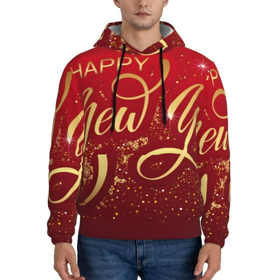 Fotbe Men's Hoodie with Happy New Year2 Pattern - Kangaroo Pocket Pullover Hooded Sweatshirt, Perfect for Daily Wear, Travel, and Home-Small