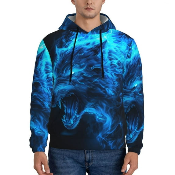 Fotbe Men's Hoodie with Ice Blue Fire Wolf Pattern - Kangaroo Pocket Pullover Hooded Sweatshirt, Perfect for Daily Wear, Travel, and Home-XX-Large