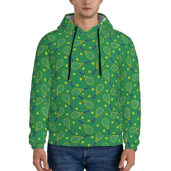 Fotbe Men's Hoodie with Tennis Rockets And Balls Pattern - Kangaroo Pocket Pullover Hooded Sweatshirt, Perfect for Daily Wear, Travel, and Home-Large