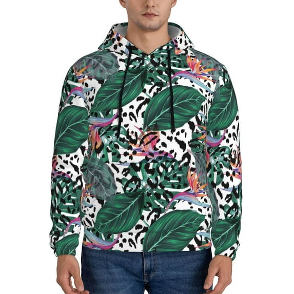 Fotbe Men's Hoodie with Tropical Leaves Pattern - Kangaroo Pocket Pullover Hooded Sweatshirt, Perfect for Daily Wear, Travel, and Home-Medium