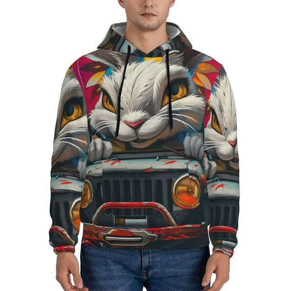 Fotbe Men's Hoodie with Vibrant Bunny Ride Pattern - Kangaroo Pocket Pullover Hooded Sweatshirt, Perfect for Daily Wear, Travel, and Home-4X-Large