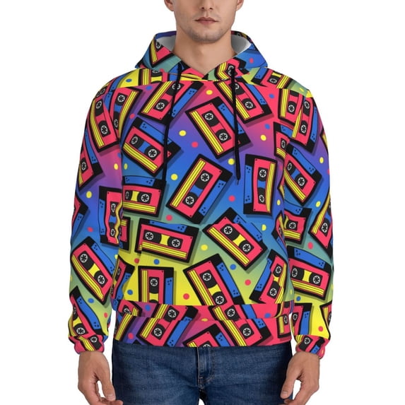 Fotbe Men's Hoodie with Vintage Audio Cassettes Pattern - Kangaroo Pocket Pullover Hooded Sweatshirt, Perfect for Daily Wear, Travel, and Home-Medium