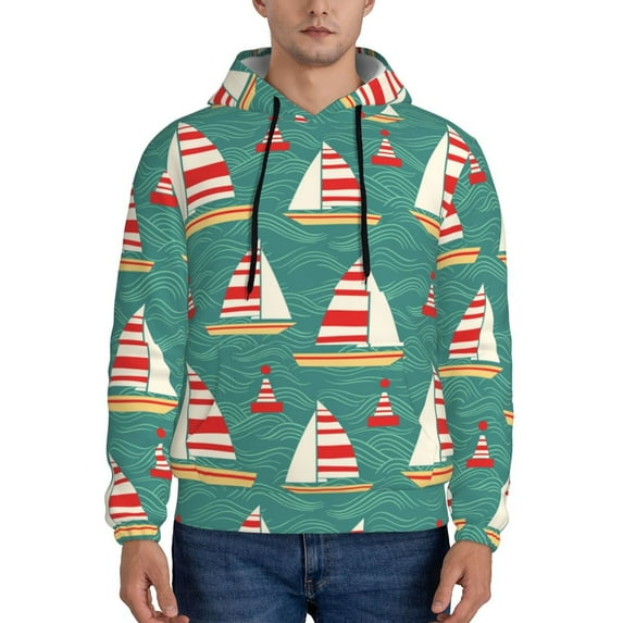 Fotbe Men's Hoodie with Yachts And Buoys Pattern - Kangaroo Pocket Pullover Hooded Sweatshirt, Perfect for Daily Wear, Travel, and Home-Small
