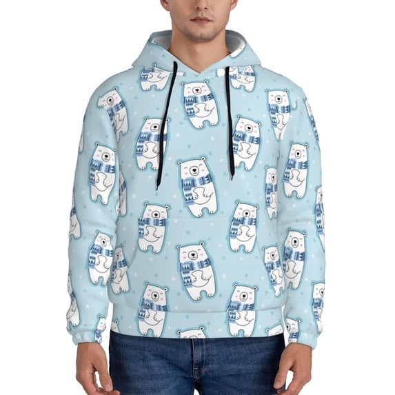 Fotbe Men's Hoodie with blue Scarf Bear Pattern - Kangaroo Pocket Pullover Hooded Sweatshirt, Perfect for Daily Wear, Travel, and Home-Small