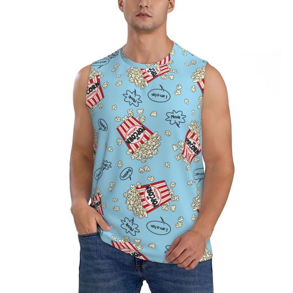 Fotbe Men's I Am A Fan Popcorn Print Men's Sleeveless Muscle Tank Tops Casual T-Shirts for Gym Workout Beach-X-Large