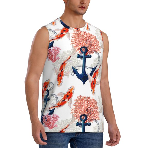 Fotbe Men's Koi Fish And Corals Print Men's Sleeveless Muscle Tank Tops Casual T-Shirts for Gym Workout Beach-XX-Large