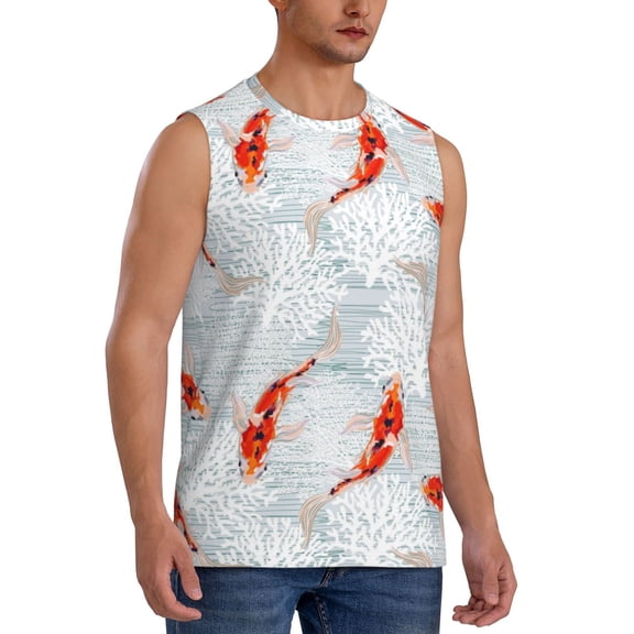 Fotbe Men's Koi Fish Corals,Spring Summer Print Men's Sleeveless Muscle Tank Tops Casual T-Shirts for Gym Workout Beach-X-Large