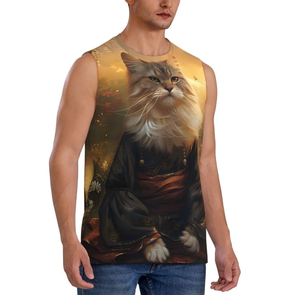 Fotbe Men's Lakeside Flower Field Cat Print Men's Sleeveless Muscle Tank Tops Casual T-Shirts for Gym Workout Beach-X-Large