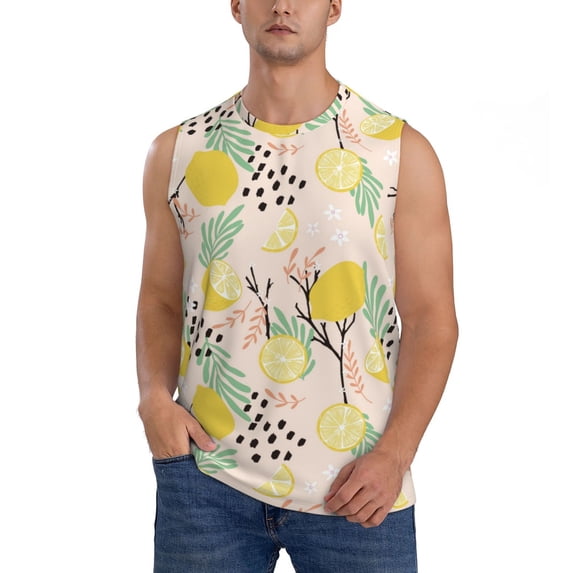 Fotbe Men's Lemon Leaves Print Men's Sleeveless Muscle Tank Tops Casual T-Shirts for Gym Workout Beach-Large