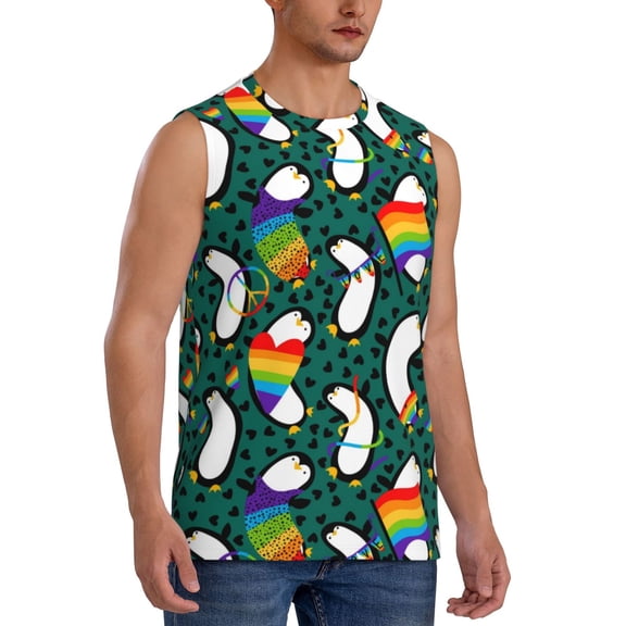 Fotbe Men's Lgbt Penguin Print Men's Sleeveless Muscle Tank Tops Casual T-Shirts for Gym Workout Beach-Large