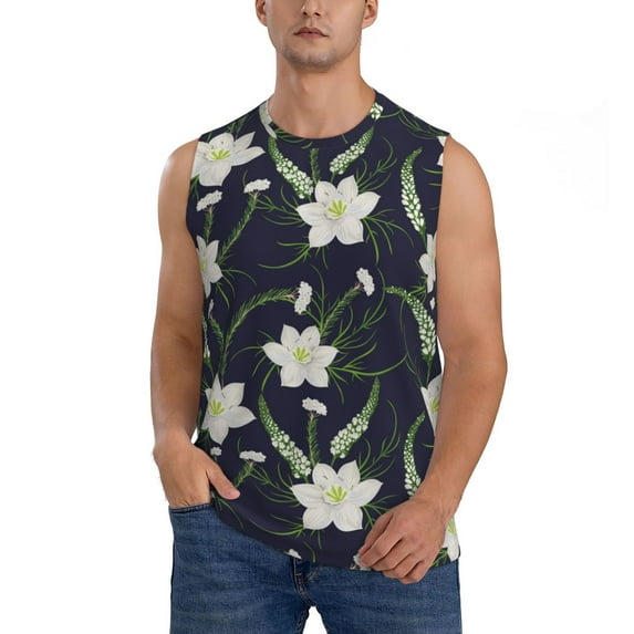 Fotbe Men's Lilies Flowers Print Men's Sleeveless Muscle Tank Tops Casual T-Shirts for Gym Workout Beach-3X-Large