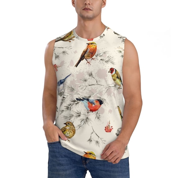 Fotbe Men's Little Birds Print Men's Sleeveless Muscle Tank Tops Casual T-Shirts for Gym Workout Beach-Medium