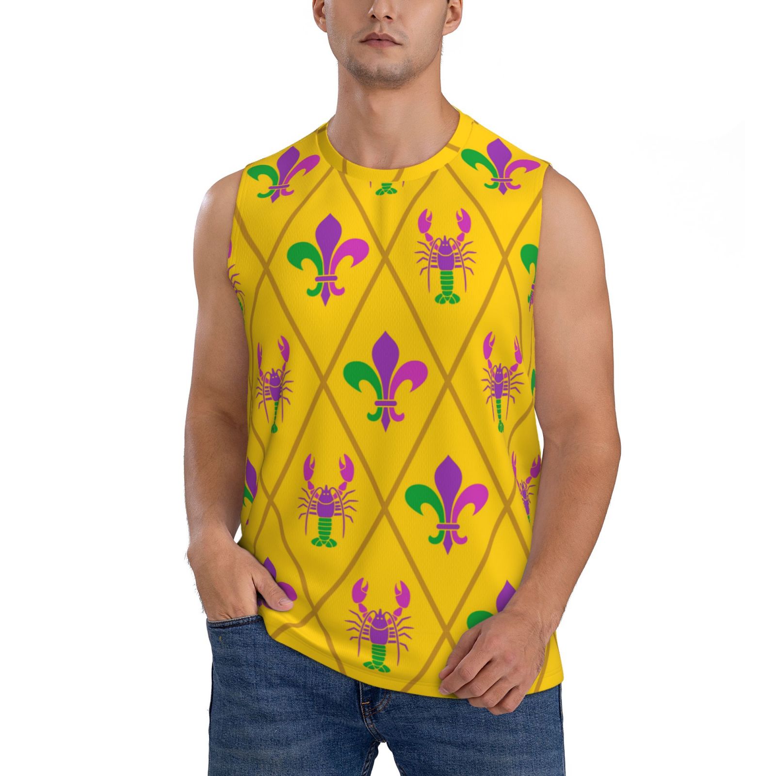 Fotbe Men s Mardi Gras Crayfish And Fleur De Lis Print Men s Sleeveless Fotbe Men s Mardi Gras Crayfish And Fleur De Lis Print Men s Sleeveless