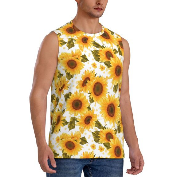 Fotbe Men's Modern Elegant Sunflower Print Men's Sleeveless Muscle Tank Tops Casual T-Shirts for Gym Workout Beach-3X-Large