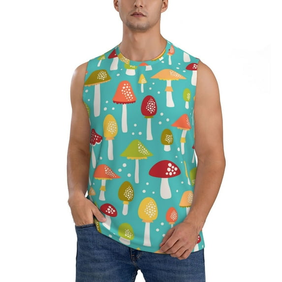 Fotbe Men's Mushrooms Print Men's Sleeveless Muscle Tank Tops Casual T-Shirts for Gym Workout Beach-Medium