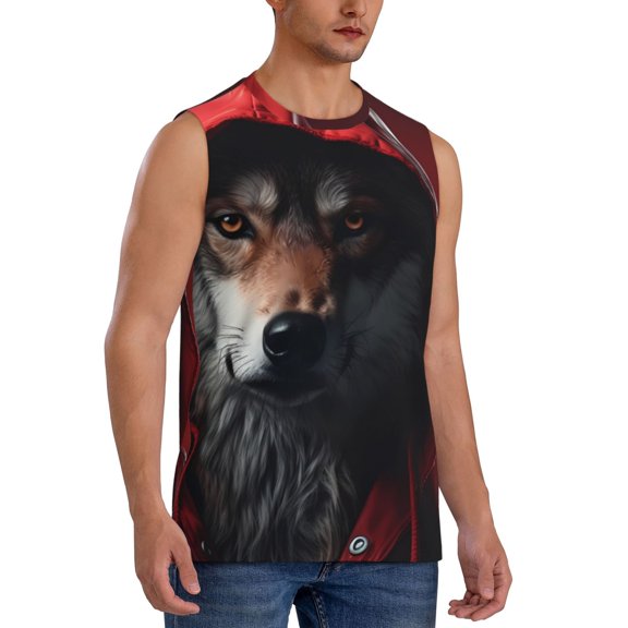 Fotbe Men's Mysterious Hooded Wolf Print Men's Sleeveless Muscle Tank Tops Casual T-Shirts for Gym Workout Beach-Small
