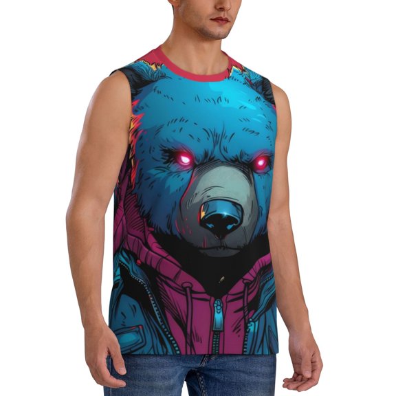 Fotbe Men's Neon Cyberpunk Blue Bear Print Men's Sleeveless Muscle Tank Tops Casual T-Shirts for Gym Workout Beach-Medium