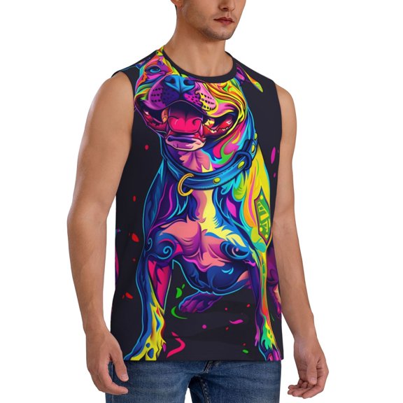 Fotbe Men's Neon Pop Art Pitbull Print Men's Sleeveless Muscle Tank Tops Casual T-Shirts for Gym Workout Beach-Medium