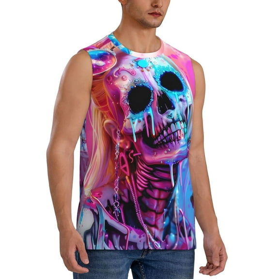 Fotbe Men's Neon Skull With Milkshake Print Men's Sleeveless Muscle Tank Tops Casual T-Shirts for Gym Workout Beach-Small