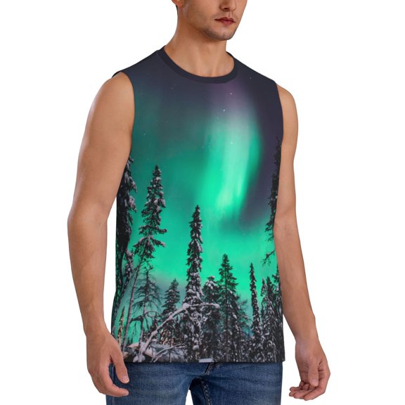 Fotbe Men's Northern Lights 2 Print Men's Sleeveless Muscle Tank Tops Casual T-Shirts for Gym Workout Beach-Large