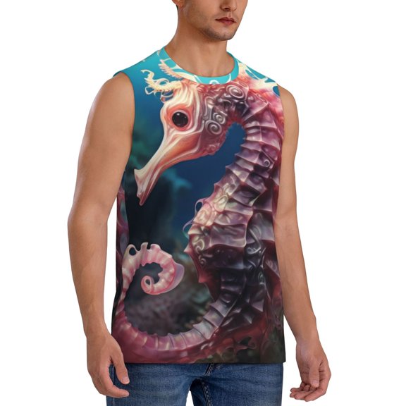 Fotbe Men's Ocean Seahorse Print Men's Sleeveless Muscle Tank Tops Casual T-Shirts for Gym Workout Beach-XX-Large