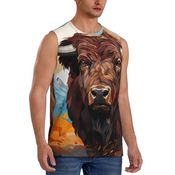 Fotbe Men's Oil Painting Style Iceberg Yak Print Men's Sleeveless Muscle Tank Tops Casual T-Shirts for Gym Workout Beach-3X-Large