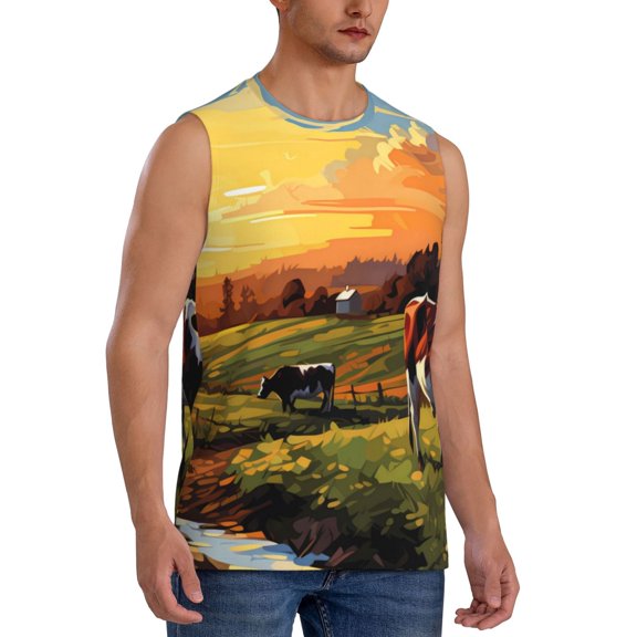 Fotbe Men's Oil Painting Style Pasture Cow Print Men's Sleeveless Muscle Tank Tops Casual T-Shirts for Gym Workout Beach-XX-Large