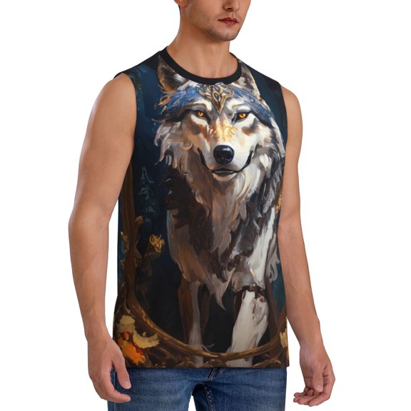Fotbe Men's Oil Painting Tribal Wolf Print Men's Sleeveless Muscle Tank Tops Casual T-Shirts for Gym Workout Beach-Medium