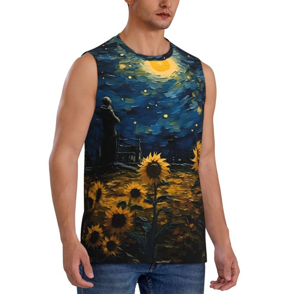 Fotbe Men's Oil Starry Sky Sunflower Print Men's Sleeveless Muscle Tank Tops Casual T-Shirts for Gym Workout Beach-Large