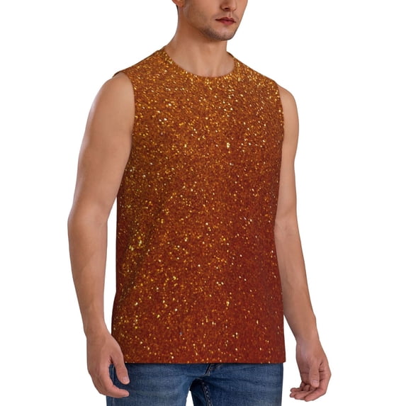 Fotbe Men's Orange Glitter Print Men's Sleeveless Muscle Tank Tops Casual T-Shirts for Gym Workout Beach-Large