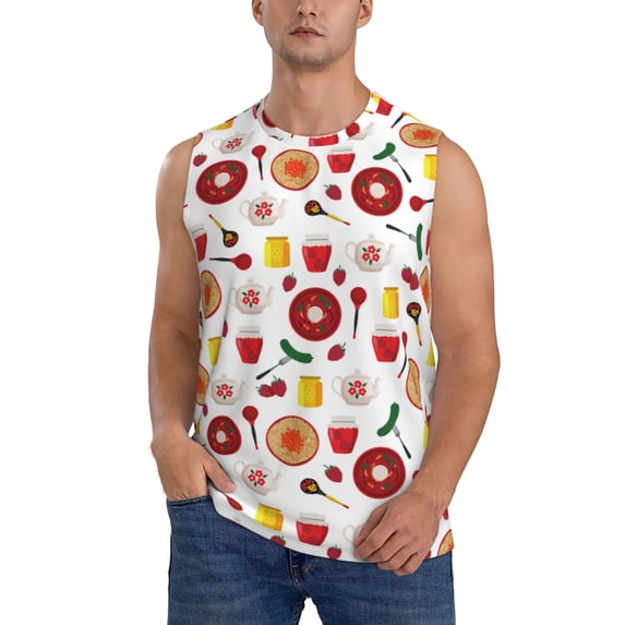Fotbe Men's Oriental Cuisine Print Men's Sleeveless Muscle Tank Tops Casual T-Shirts for Gym Workout Beach-Medium